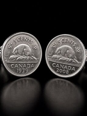 Canadian 5 Cent Beaver Coin Cufflinks 1979 & 2008 Silver Tone Reworked